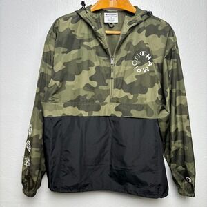 Champion Camo Black Packable Windbreaker Jacket Men's Medium Half Zip Pullover